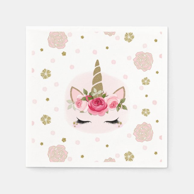 Gold & Pink Unicorn Flower Blooms Birthday Party Napkin (Front)
