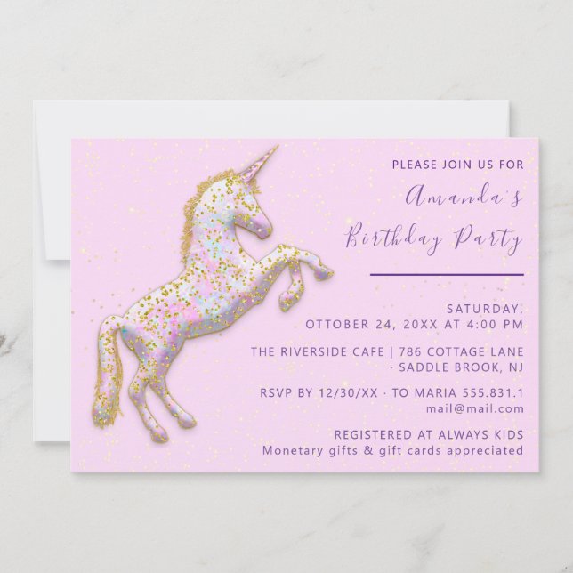 Gold Pink Unicorn Horse Birthday Baby Shower Invitation (Front)