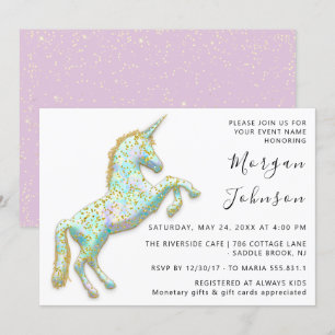 Gold Pink Unicorn Horse White Birthday Baby Shower Invitation
