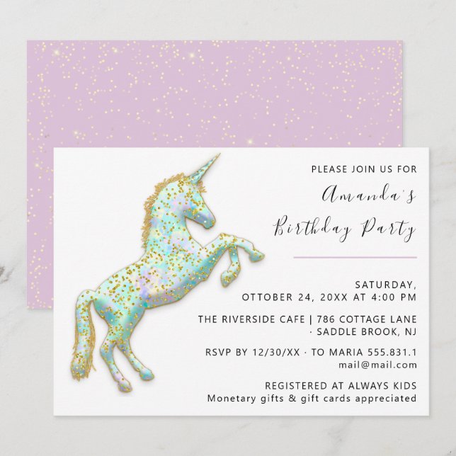 Gold Pink Unicorn Horse White Birthday Baby Shower Invitation (Front/Back)