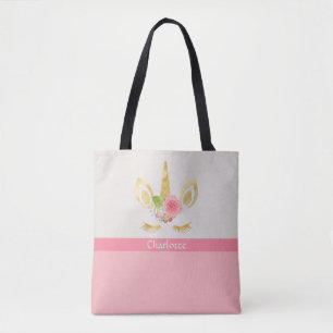 Gold & Pink Unicorn Personalized Tote Bag