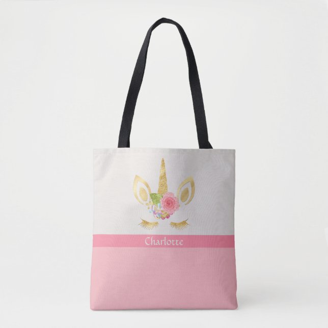 Gold & Pink Unicorn Personalized Tote Bag (Front)