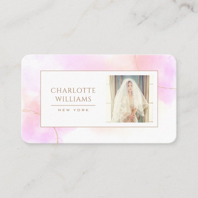 Gold Pink Watercolor Custom Photo elegant White Business Card (Front)