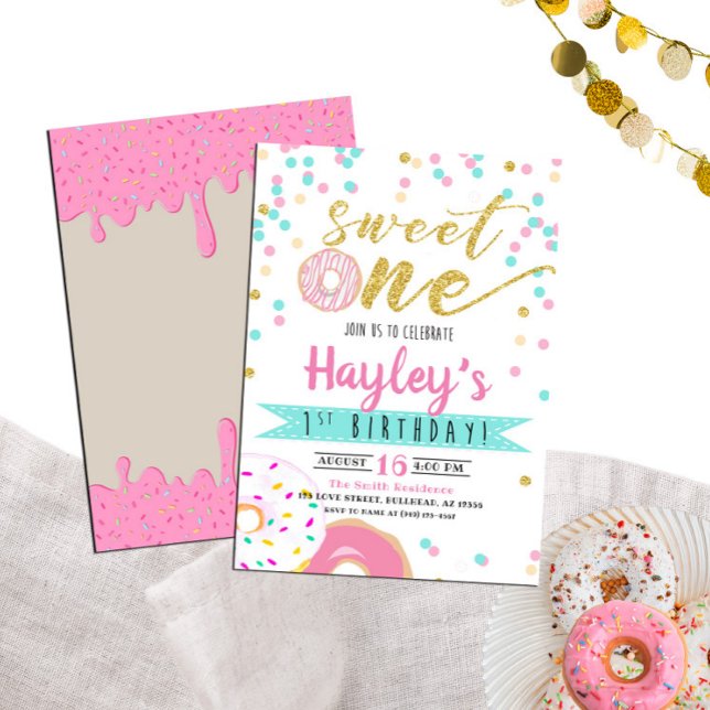 Gold Pink Watercolor Doughnut Sweet One 1st Birthd Invitation (Creator Uploaded)