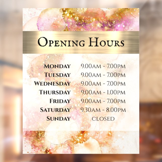 Gold Pink Watercolor Faux Foil Opening Hours Window Cling (Sheet 2)