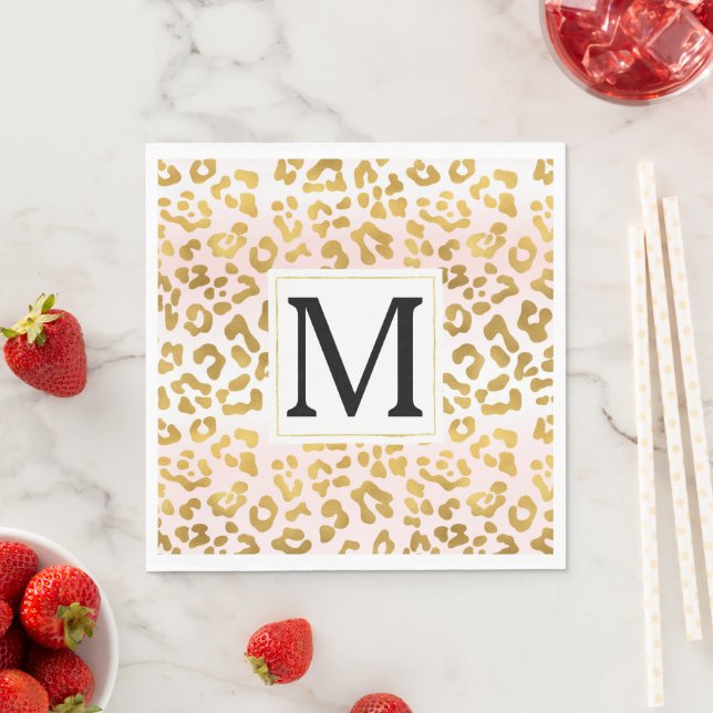 Gold Pink White Leopard Print Monogram        Napkin (Insitu)