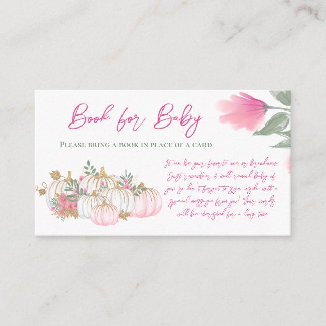 Gold Pink White Pumpkin Book for Baby Shower Game Enclosure Card (Front)
