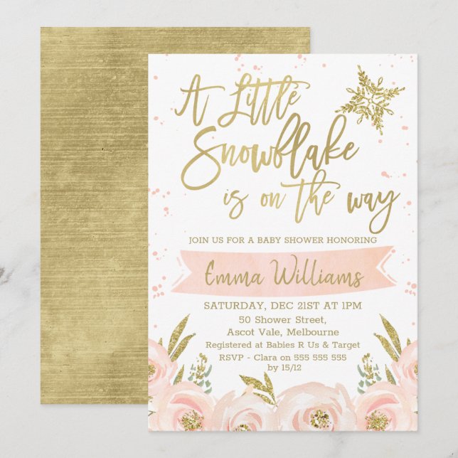 Gold Pink Winter Snowflake Baby Shower Invitation (Front/Back)
