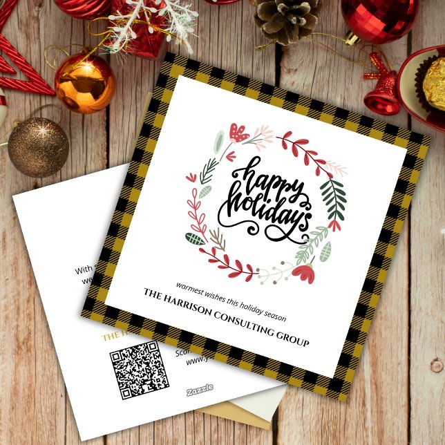 Gold Plaid Corporate Logo QR Code Holiday Card (Creator Uploaded)