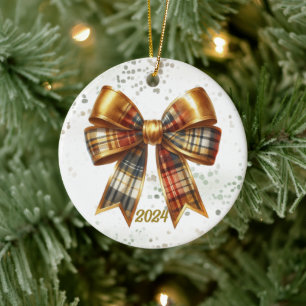  Gold Plaid Holiday Bow Year Accent Ceramic Ornament