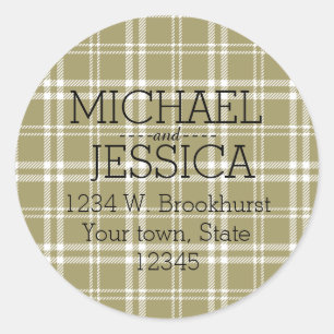 Gold Plaid Personalized name and address Classic Round Sticker