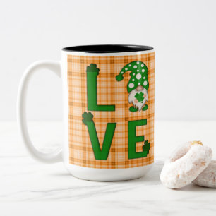 Gold Plaid St Patrick's Day LOVE Gnome Shamrock Two-Tone Coffee Mug