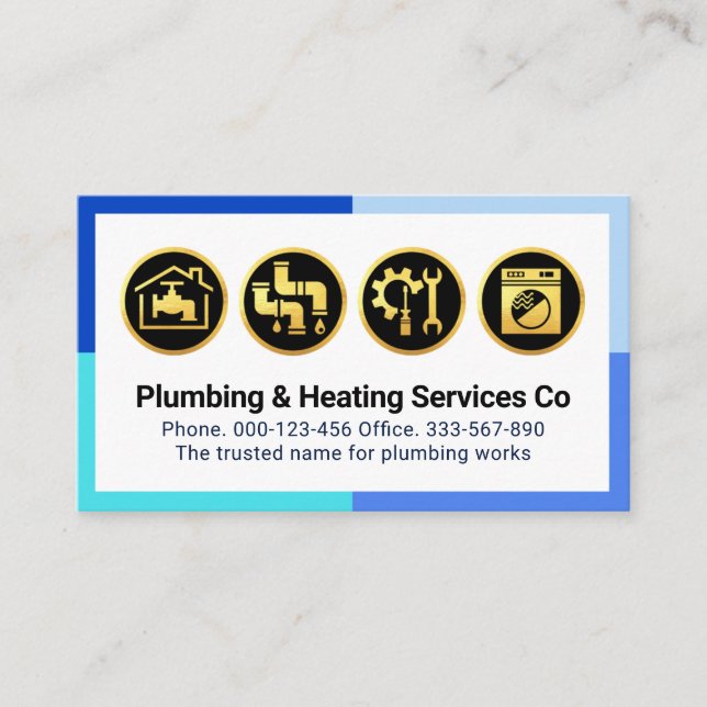 Gold Plumbing Icons On Blue Frame Business Card (Front)