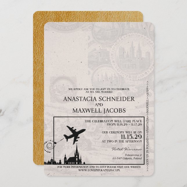 Gold Poland Passport Wedding Invitation (Front/Back)