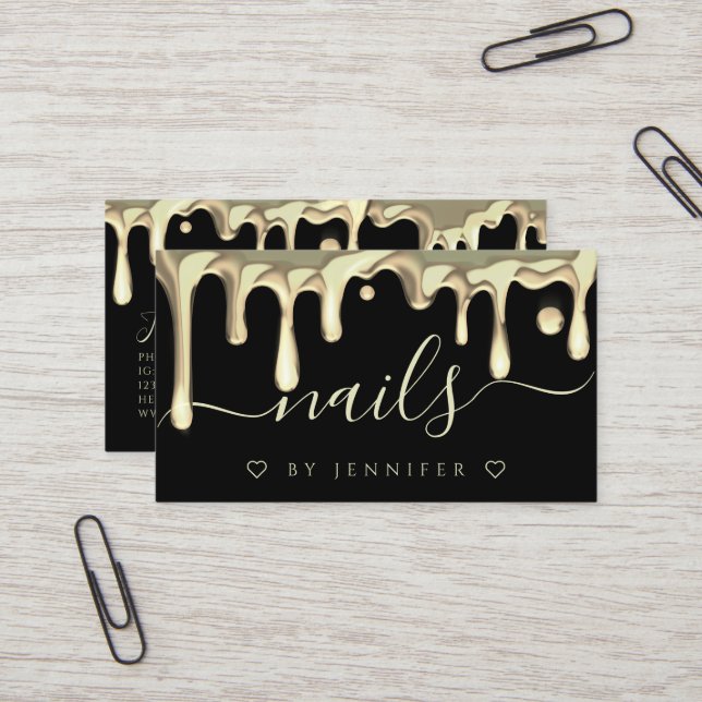 Gold Polish Drips Nails Artist QR Code Black Business Card (Front/Back In Situ)