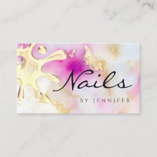 Gold Polish Splash Drip Nails QR Code Watercolor Business Card
