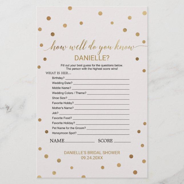 Gold Polka Dot How Well Do You Know The Bride Game (Front)