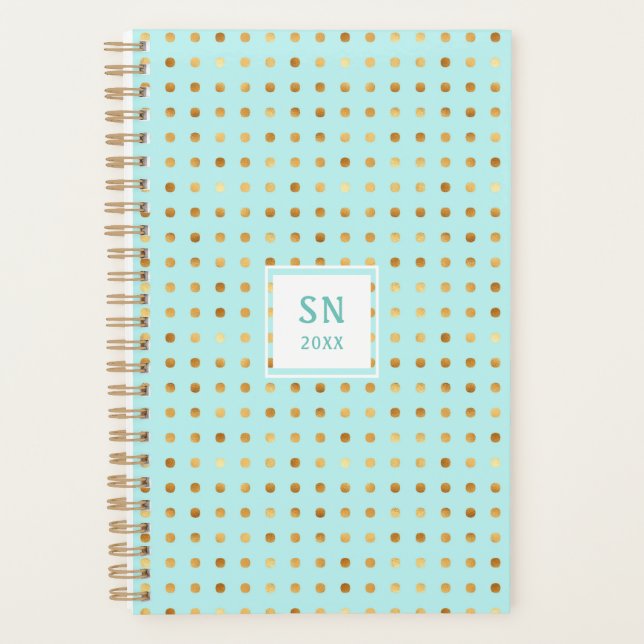 Gold Polka Dot Pattern on Mint Green with Monogram Planner (Front)