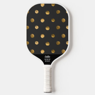 Gold Polka Dot Pattern White Black Custom Text Pickleball Paddle