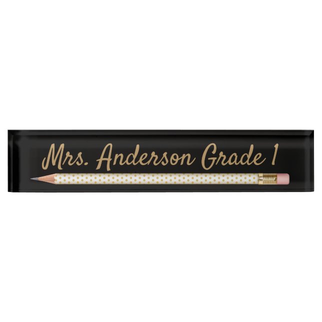 Gold Polka Dot Pencil Personalize Desk Name Plate (Front)