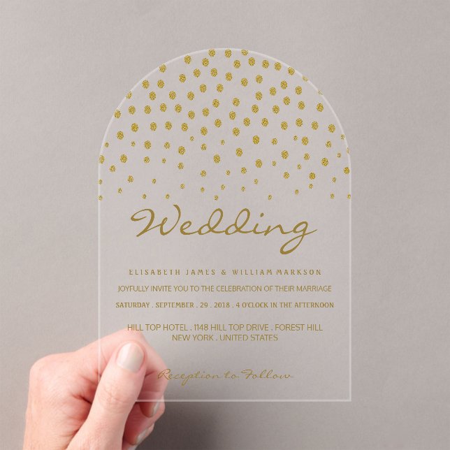 Gold Polka Dot - White & Gold - Wedding Acrylic Invitations (Insitu (Handheld))