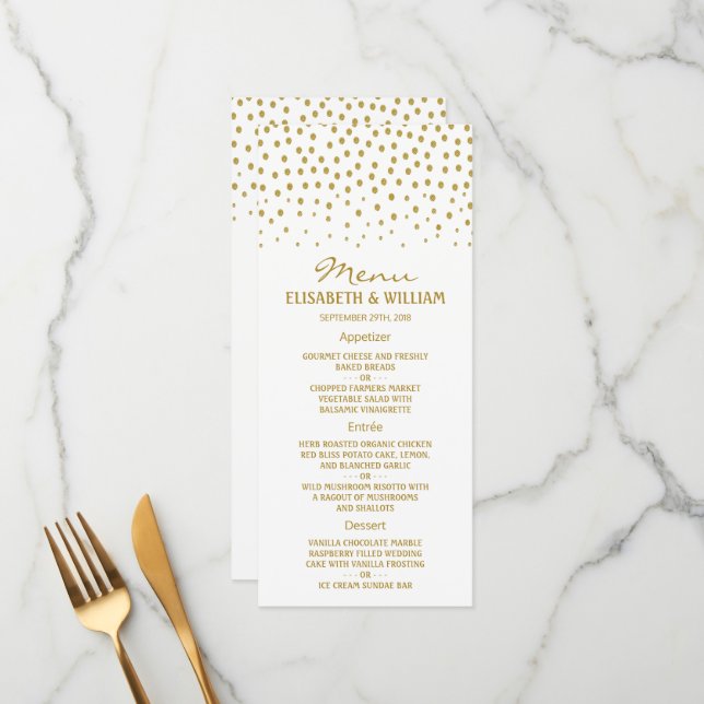 Gold Polka Dot - White & Gold - Wedding Menu (Front/Back In Situ)