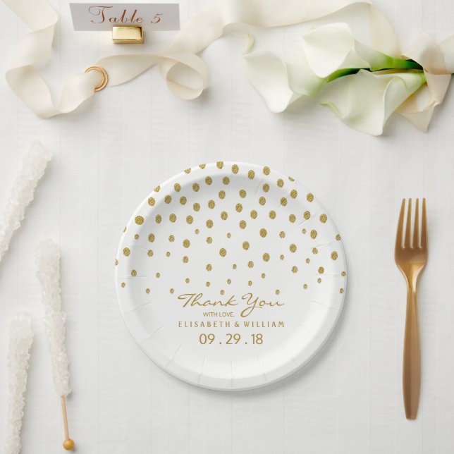 Gold Polka Dot - White & Gold - Wedding Paper Plate (Wedding)