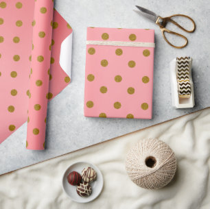 Gold Polka Dots and Coral Satin Wrapping Paper