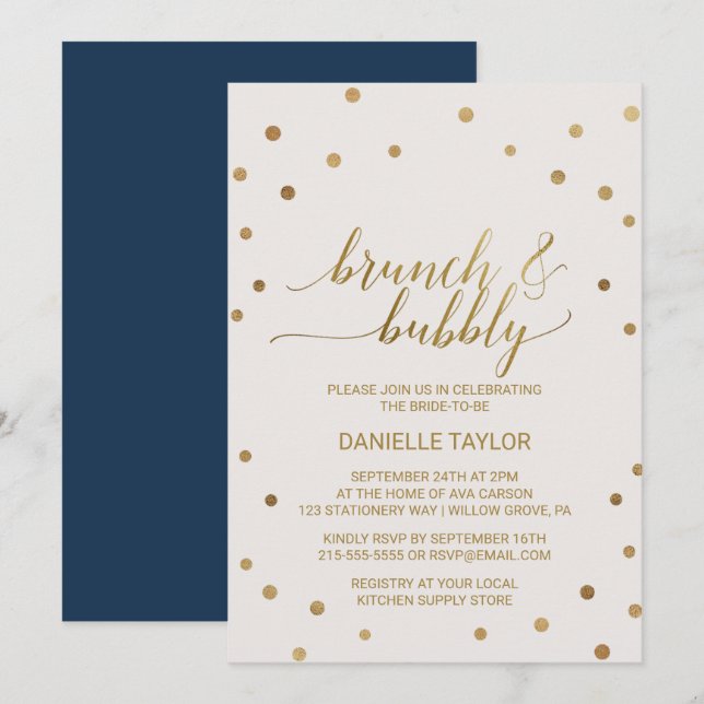 Gold Polka Dots Brunch and Bubbly Invitation (Front/Back)