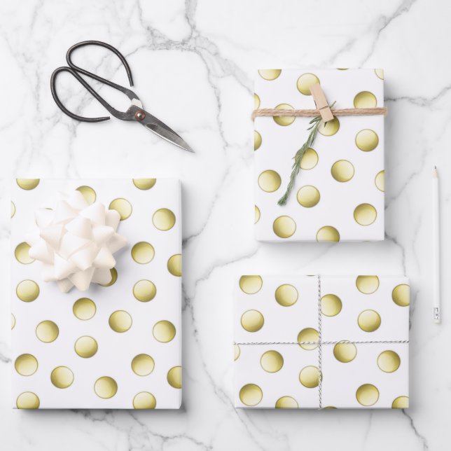 Gold polka dots circles white pattern wrapping paper sheet (Front)