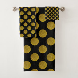 Gold polka dots, glitter retro pattern at black bath towel set