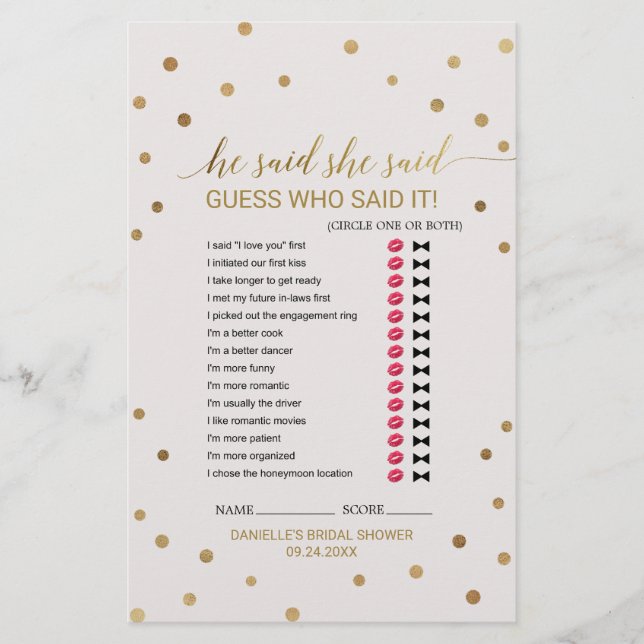 Gold Polka Dots "He Said She Said" Game (Front)