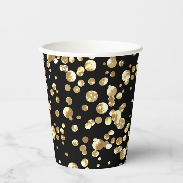 Gold polka dots on a black background . paper plat cups (Front)