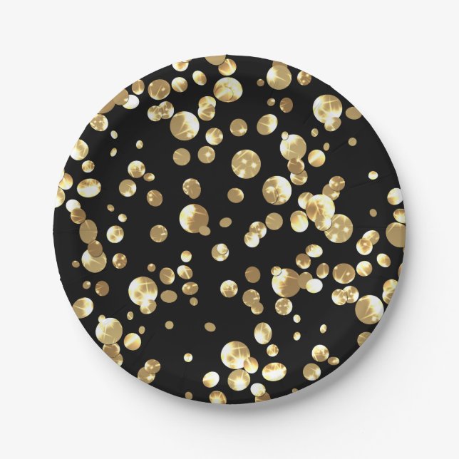 Gold polka dots on a black background . paper plate (Front)
