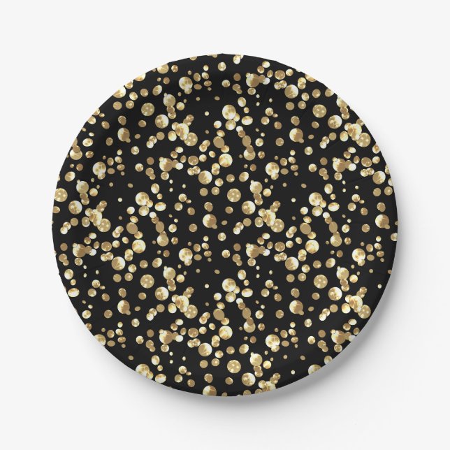 Gold polka dots on a black background . paper plate (Front)
