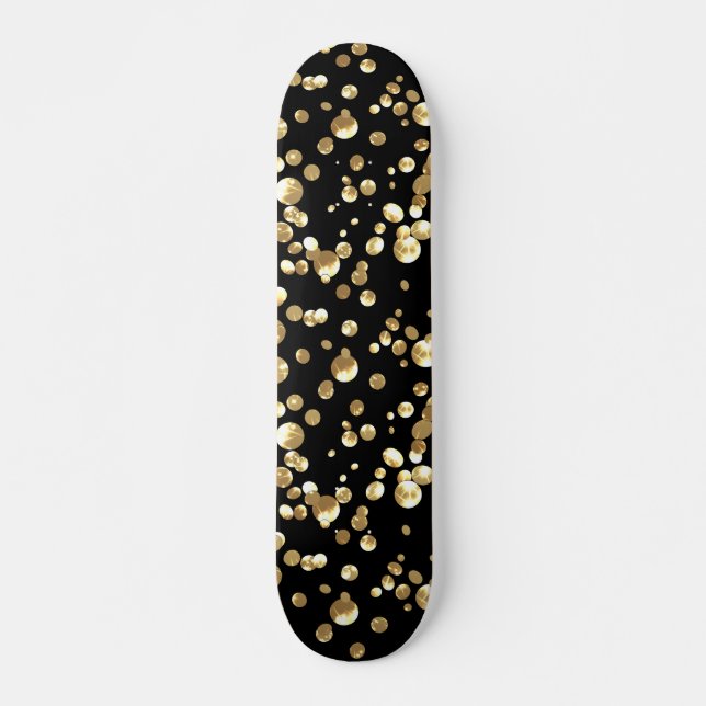 Gold polka dots on a black background skateboard (Front)