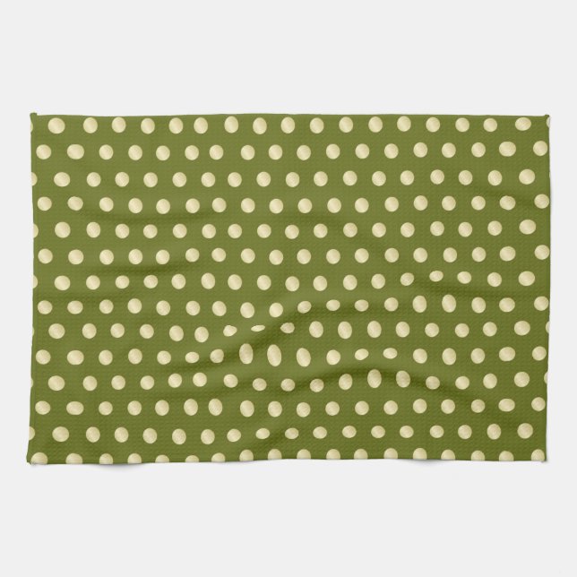 Gold Polka Dots on Olive Green Kitchen Towel (Horizontal)