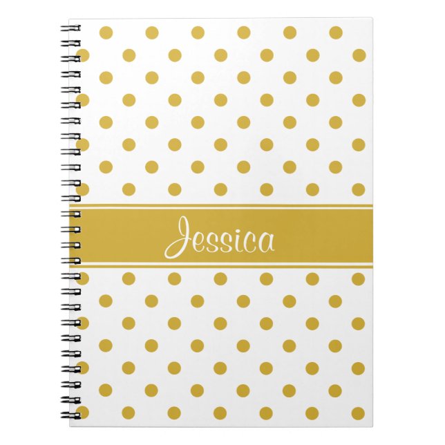 Gold Polka Dots on White Chic Personalized Name Notebook (Front)