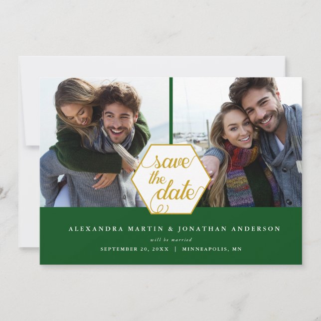 Gold Polygon 2 Photos Emerald Save the Date (Front)