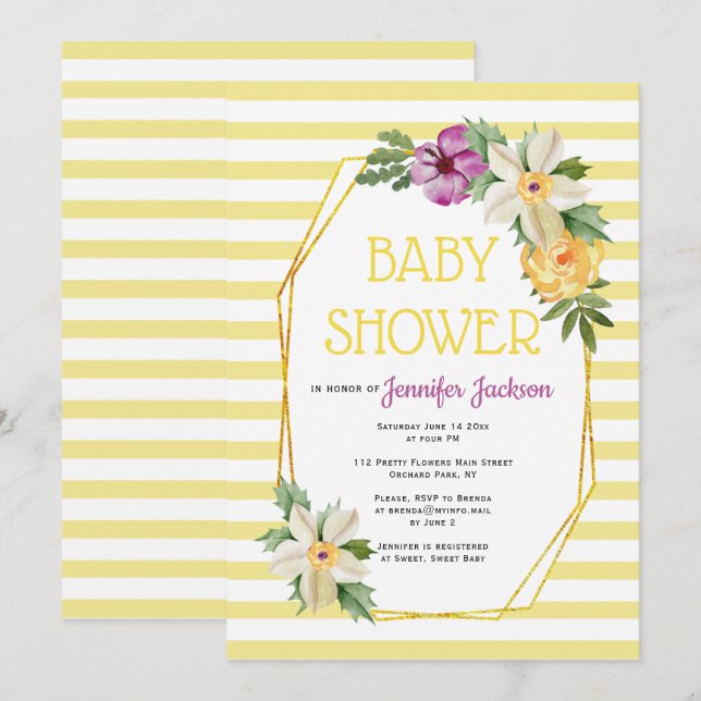 Gold polygon and flowers floral baby yellow shower invitation (Front/Back)
