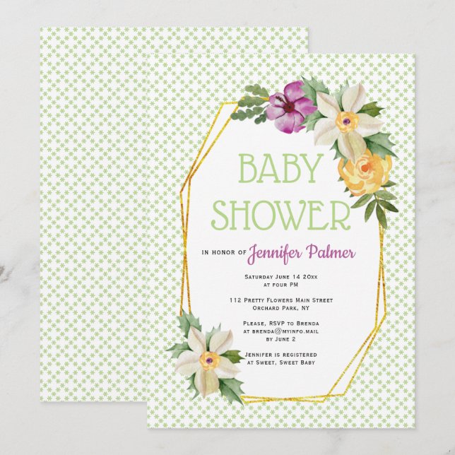 Gold polygon and flowers floral green baby shower invitation (Front/Back)