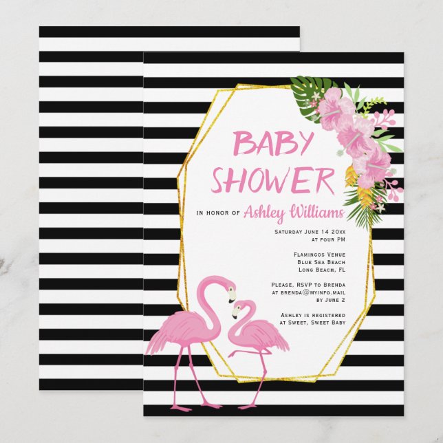 Gold polygon and pink flamingos baby shower invitation (Front/Back)