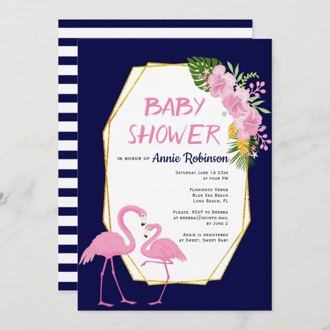 Gold polygon, flamingos navy blue baby shower invitation (Front/Back)