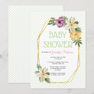Gold polygon, flowers polka dot floral baby shower invitation