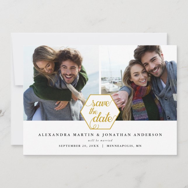 Gold Polygon Geometric | 2 Photos Save the Date (Front)