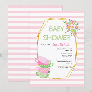 Gold polygon, pink tea party floral baby shower invitation