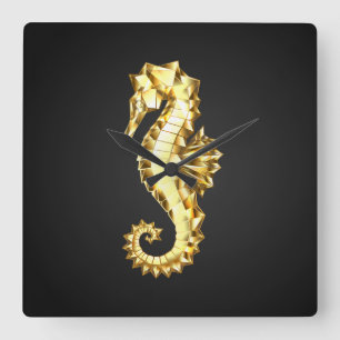Gold Polygonal Seahorse Square Wall Clock