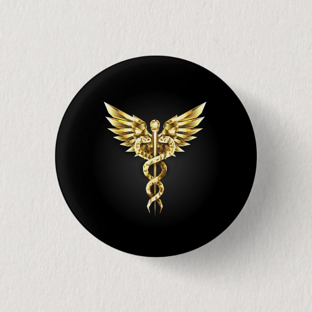 Gold Polygonal Symbol Caduceus 1 Inch Round Button (Front)
