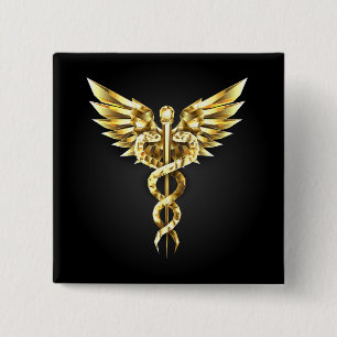 Gold Polygonal Symbol Caduceus 2 Inch Square Button