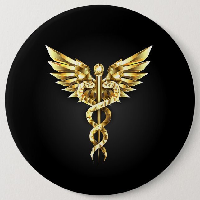 Gold Polygonal Symbol Caduceus 6 Inch Round Button (Front)
